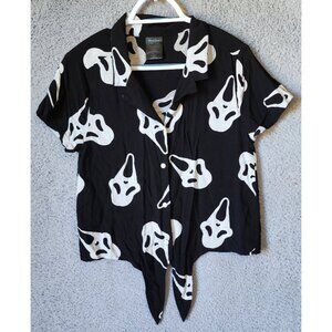 Spirit Halloween Ghost Face Women's M Short Sleeve Button Up‎ Tie Front Top Rare